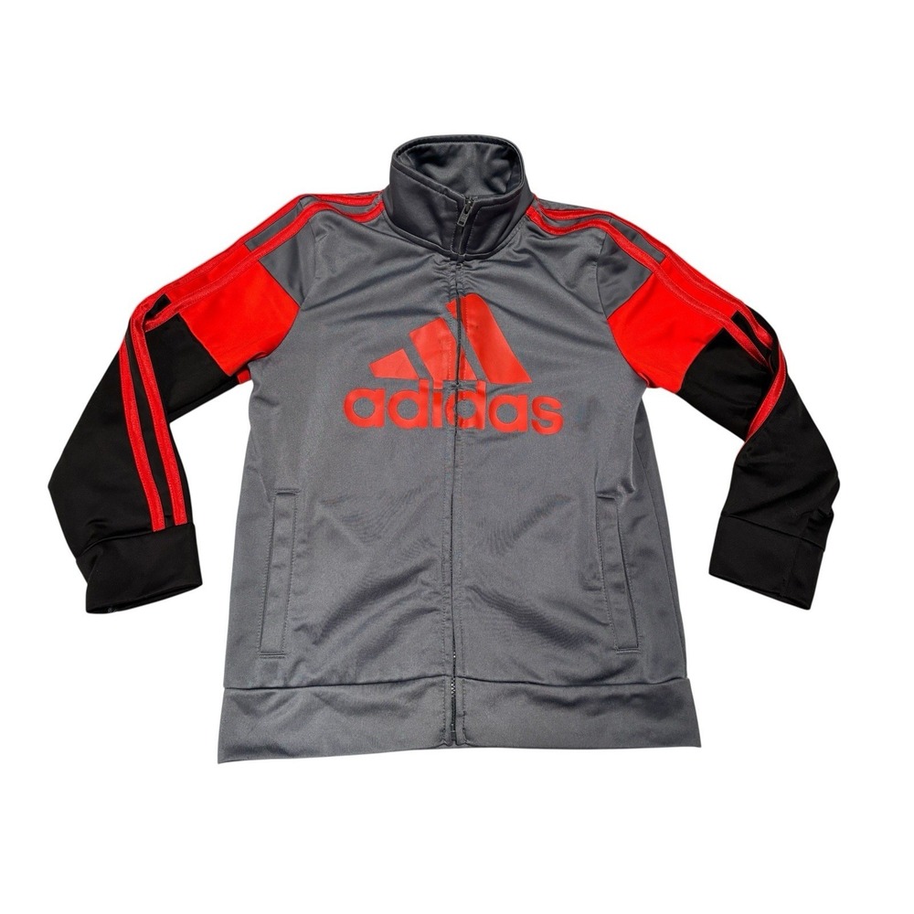 Adidas Boys Sz 6 Black, Red & Gray Long Sleeve Full Zip Mock Neck Track Jacket